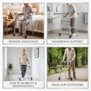 Four-panel composite image demonstrating an elderly person using a folding walker for bedside assistance, washroom support, indoor mobility, and