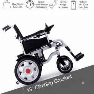 Hassani Surgicals motorized wheelchair demonstrating 13-degree climbing gradient, 330 lbs capacity, and 4-6 MPH speed