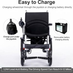 Removable 24V 12Ah lead-acid battery and joystick charging port options on Hassani Surgicals motorized wheelchair