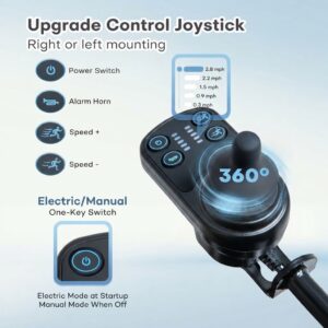 Close-up view of the upgrade control joystick featuring 360-degree maneuverability, power switch, horn, and speed controls.