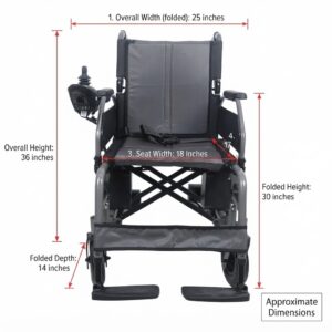 Front-angle view of a lightweight portable electric wheelchair with grey padded seating and joystick control.