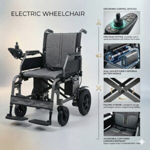 Detailed overview image highlighting the ergonomic control joystick, dual high-efficiency motors, folding x-frame, and cushioned seat.