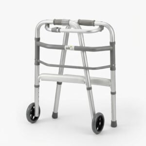 Foldable compact medical walker with front wheels and soft hand grips for seniors and patient mobility support in Pakistan.