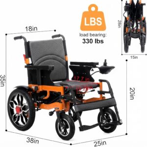 Detailed product dimensions, seat width, height, and compact fold-up sizing diagram for shipping and storage