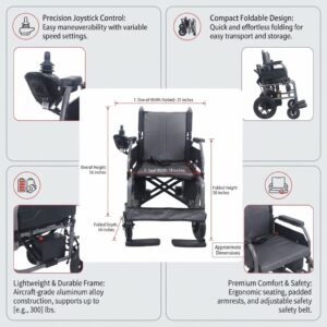 Overview graphic showing foldable electric wheelchair features, joystick control, lightweight aluminum frame, and dimensions.