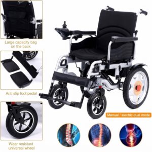 Electric wheelchair featuring anti-slip foot pedals, large back storage bag, and wear-resistant universal wheels
