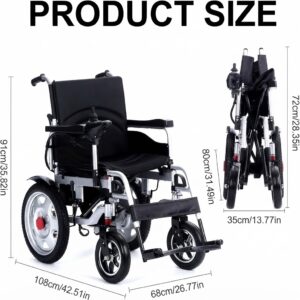 Product size and compact folding dimensions diagram for Hassani Surgicals lightweight electric wheelchair