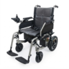 Clean studio view of a modern folding electric wheelchair featuring a lightweight metallic grey frame, breathable grey mesh cushioning, joystick controller, and durable multi-terrain wheels.