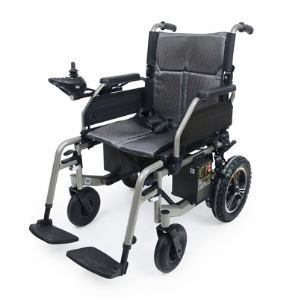 Clean studio view of a modern folding electric wheelchair featuring a lightweight metallic grey frame, breathable grey mesh cushioning, joystick controller, and durable multi-terrain wheels.