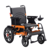 Clean studio view of a modern folding electric wheelchair featuring a vibrant orange aluminum frame, grey patterned cushioned seating, armrests, and durable multi-terrain wheels.