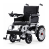Clean studio view of a modern folding electric wheelchair featuring a lightweight silver aluminum frame, black cushioned seating, and durable multi-terrain wheels.
