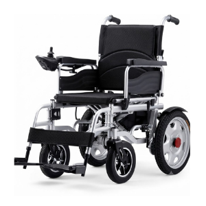 Clean studio view of a modern folding electric wheelchair featuring a lightweight silver aluminum frame, black cushioned seating, and durable multi-terrain wheels.