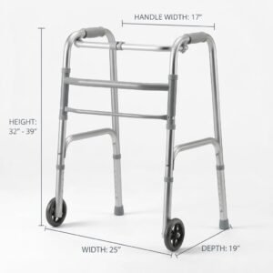 Folding medical walker with labeled dimensions showing adjustable height, handle width, overall width, and depth against a white background.