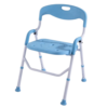 Light blue adjustable folding commode chair and portable shower seat with armrests and rubber safety feet, isolated on a white background.