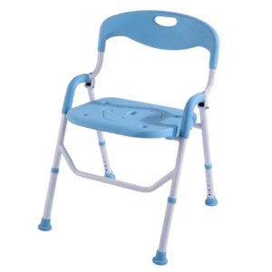 Light blue adjustable folding commode chair and portable shower seat with armrests and rubber safety feet, isolated on a white background.