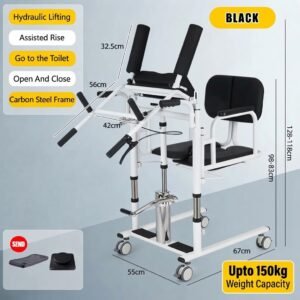 Technical specification diagram of a black and white hydraulic patient transfer chair featuring a 150kg weight capacity, carbon steel frame, adjustable height from 98 to 118cm, and precise dimension measurements.