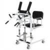 Studio product shot of a white hydraulic patient transfer chair with a foot-operated hydraulic lifting pump and black padded seat.