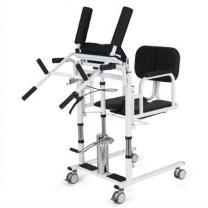 Studio product shot of a white hydraulic patient transfer chair with a foot-operated hydraulic lifting pump and black padded seat.