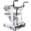 Front-angle view of a white hydraulic patient transfer lift featuring a commode bucket, footrest, and push handles.
