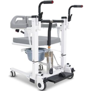 Front-angle view of a white hydraulic patient transfer lift featuring a commode bucket, footrest, and push handles.