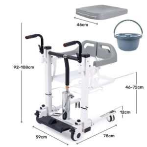 Technical diagram displaying product dimensions, seat cushion size, and the commode bucket of the hydraulic transfer lift.