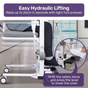 Close-up demonstrating the easy hydraulic lifting mechanism with a foot pedal to raise and lower the patient transfer chair.