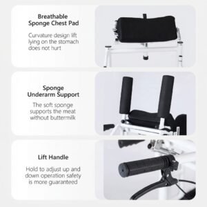 Close-up feature details of the patient transfer chair highlighting the breathable sponge chest pad, sponge underarm support, and safety lift handle with manual brake.