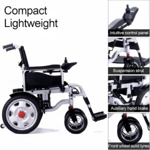 Compact lightweight electric wheelchair showing suspension struts, auxiliary hand brakes, and solid front tyres