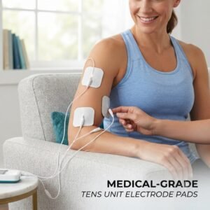 A woman sitting on a sofa applying medical-grade Medicare TENS unit electrode pads to her arm for pain relief