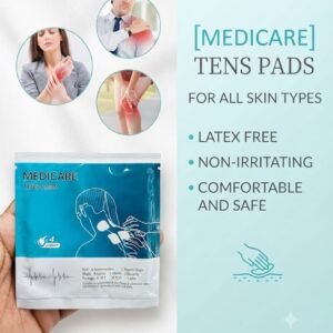 Medicare TENS pads product packaging highlighting latex-free, non-irritating features with inset photos showing pad placement on the shoulder, wrist, and knee