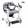 Front-angle view of the white multipurpose patient transfer wheelchair featuring a commode seat and footrest.