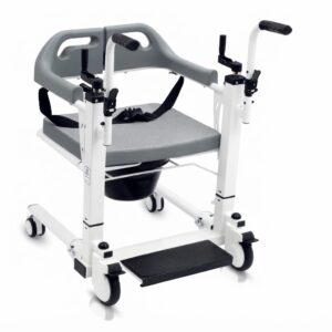 Front-angle view of the white multipurpose patient transfer wheelchair featuring a commode seat and footrest.