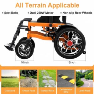 All-terrain electric wheelchair wheel sizes showing 10-inch front and 16-inch rear wheels navigating grass, gravel, and bumpy roads
