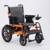 Hassani Surgicals foldable electric wheelchair in bright orange frame with dual-mode wheels and breathable grey mesh cushion
