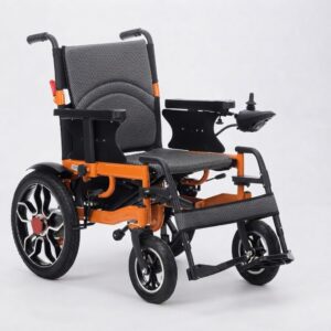 Hassani Surgicals foldable electric wheelchair in bright orange frame with dual-mode wheels and breathable grey mesh cushion