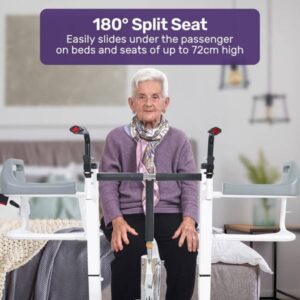 Elderly patient sitting comfortably on the 180-degree split seat of the patient transfer lift designed for easy bedside sliding.