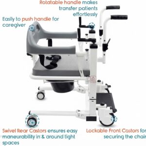 Side view of the patient transfer chair highlighting rotatable handles, swivel rear castors, and lockable front castors.