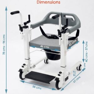 Full view of the patient transfer and commode chair displaying structural measurements and dimensions in centimeters.