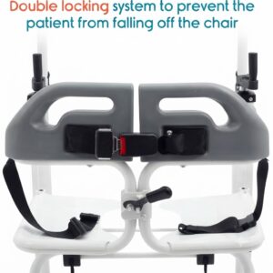 Close-up of the double locking safety system on a patient transfer chair designed to prevent patients from falling.