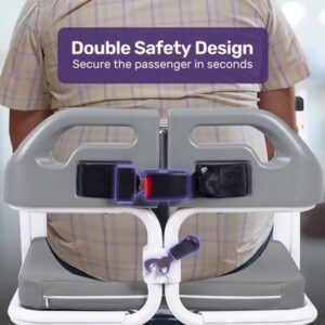 Close-up of the double safety design featuring a secure seat belt and locking mechanism on the patient transfer chair.