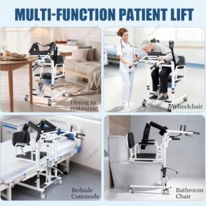 Home care use-case collage showing the multi-function patient lift utilized as a dining chair in a restaurant, a wheelchair, a bedside commode over a bed, and a bathroom chair over a toilet.