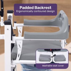 Detailed view of the ergonomically contoured padded backrest and washable seat cover on the patient transfer chair.