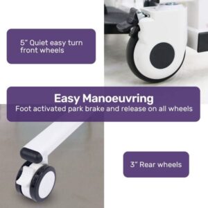 Close-up of the 5-inch quiet easy-turn front wheels and foot-activated park brakes on the patient transfer wheelchair.