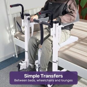A patient demonstrating simple and safe transfers between a bed and the hydraulic patient transfer lift chair.