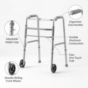 Folding medical walker with callouts highlighting adjustable height legs, ergonomic grip handles, durable aluminum construction, and smooth-rolling front wheels.
