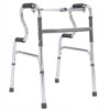 A three-quarter front view studio photograph of a silver aluminum folding medical walker with gray padded handgrips and adjustable height legs, set against a clean white background.