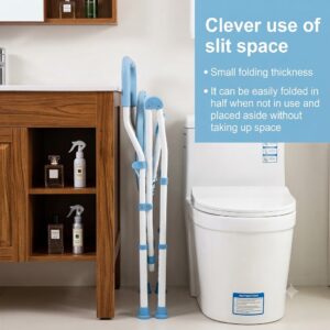 Space-saving compact folding portable toilet commode chair stored in narrow slit space