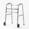 Standard two-wheeled folding medical walker with a silver aluminum frame, gray grips, and front wheels on a plain white background.
