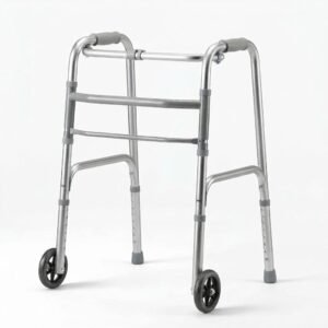 Standard two-wheeled folding medical walker with a silver aluminum frame, gray grips, and front wheels on a plain white background.