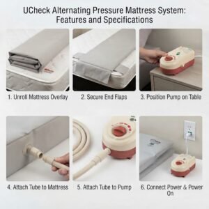 Step-by-step visual instructions detailing how to unroll, secure, and hook up the UCheck alternating pressure mattress system